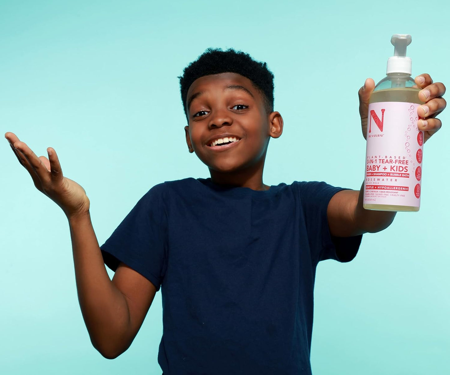 Dr. Natural 3-in-1 Tear-Free Baby Plus Kids Soap - Head-to-Toe Soap and Shampoo - Sensitive Skin Moisturizing Body Wash - Rosewater - 16 oz