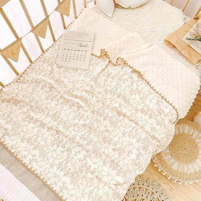 Baby Swaddel Blanket Cotton Muslin Thick Bath Towel Dotted Backing Double Layer Receiving Blanket 40"x40" (Forest Rabbit)