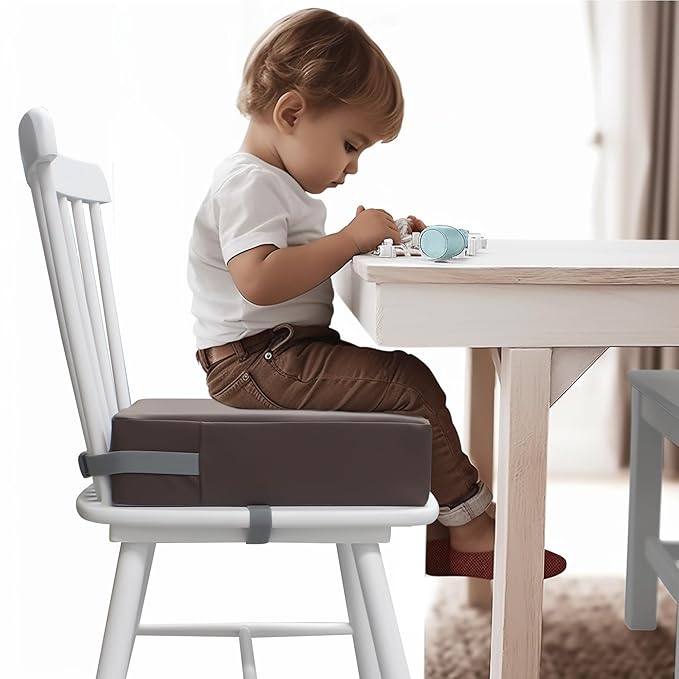 Toddler Booster Seat for Dining Table, Two Elastic Seat Belts, Anti-Scratch PU Skin-Friendly, Waterproof, Anti-Wrinkle, Detachable Non-Slip Bottom - Dark Brown
