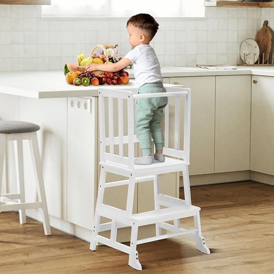 COSYLAND Toddler Kitchen Step Stool Helper - Wooden Standing Tower for Kids with Anti-Tip Support Legs - Mothers' Helper Kids Learning Stool for Kitchen Counter (White)