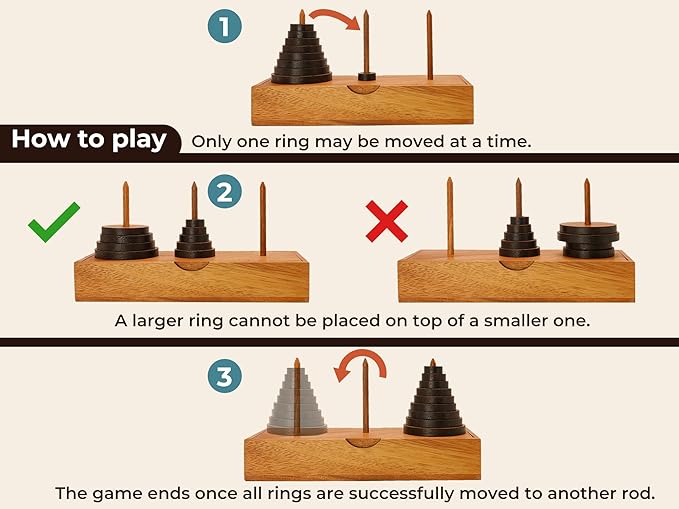 BSIRI Fun Puzzle Board Games Gifts of Hanoi Tower (9 Rings) with Wooden Designs for Brain Teasers Logic Games Kids and Adults to Challenges Mastermind Game and Think for Fun Learning Tower Puzzles