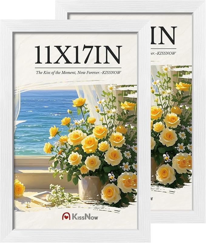 11x17 Picture Frame 2 Pack, Textured White Solid Wood, Wall Gallery Poster Frame