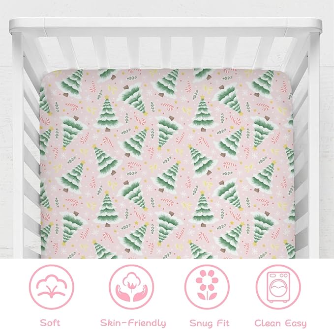 Pink Winter Forest Baby Crib Sheets 52''x28'' Christmas Trees Candy Snowflakes Snug Fitted Crib Mattress Cover for Boy Girl Green Pine Forest Soft Baby Bed Sheet for Standard Crib Toddler Mattress