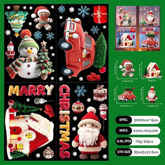Christmas Window Stickers Fun Christmas Window Clings Decor Set-Vibrant Santa, Woolen Tree Car House, Reindeer & Snowman Static Decals-Removable - Safe for Home, Office, School Indoor Use