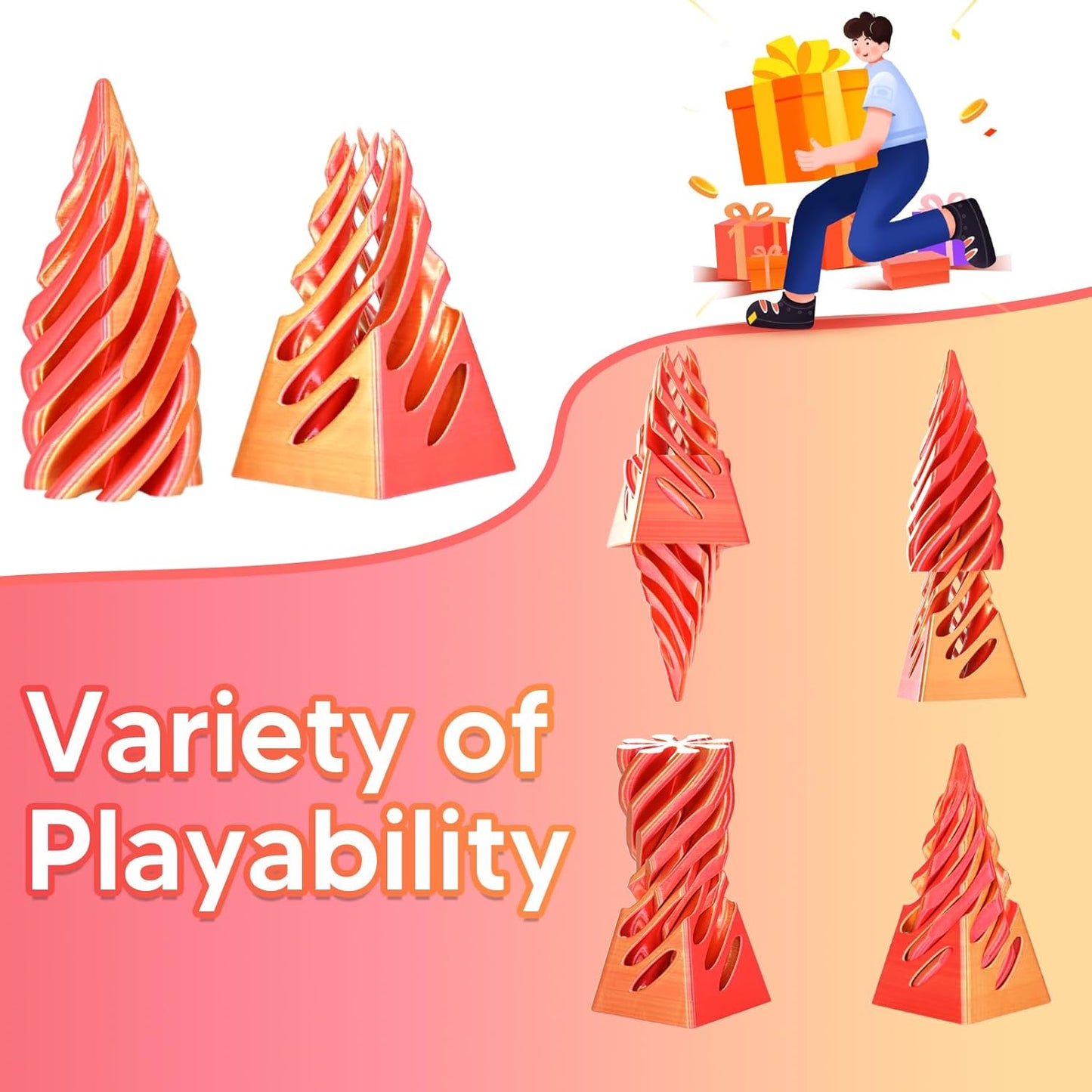 Impossible Pyramid Passthrough Sculpture 3D Printed Spiral Cone Fidget Toy for Adults Kids, Infinity Spiral Tree, Christmas, Halloween, Thanksgiving, and White Elephant Gifts (Orange Red)