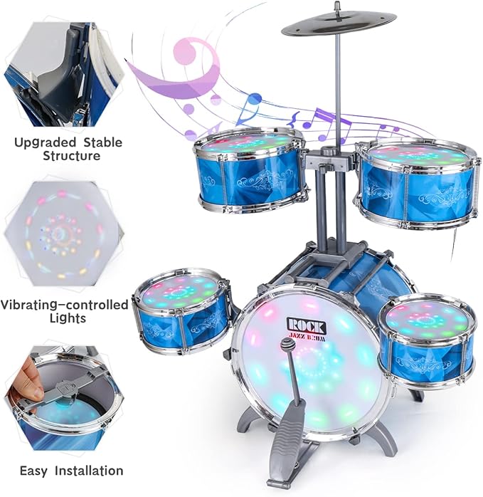 Kids Drum Set for Toddlers with 5 Jazz Drum Kit & Lights (Vibrating-Controlled) & Alloy, Musical Instruments Toys, Boys Gifts for Aged 1-3 3-5