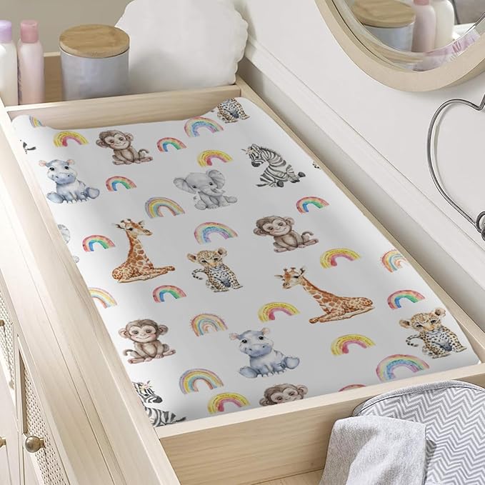 Jungle Safari Animals Rainbow Changing Pad Covers Zoo Leopard Elephant Giraffe Zebra Hippo Monkey Baby Change Table Cover for Boy Girl Soft Stretch Fitted Diaper Changing Pad Sheet Mats 32''x16''