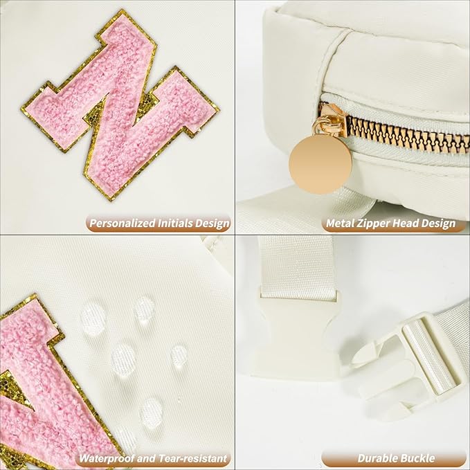 Mini Belt Bag Fanny Pack with Initials Letter Patch Small Crossbody Bags Cute Stuff Birthday Gifts for Teenager Girls Trendy Stuff for Teens - Initial N,Cream
