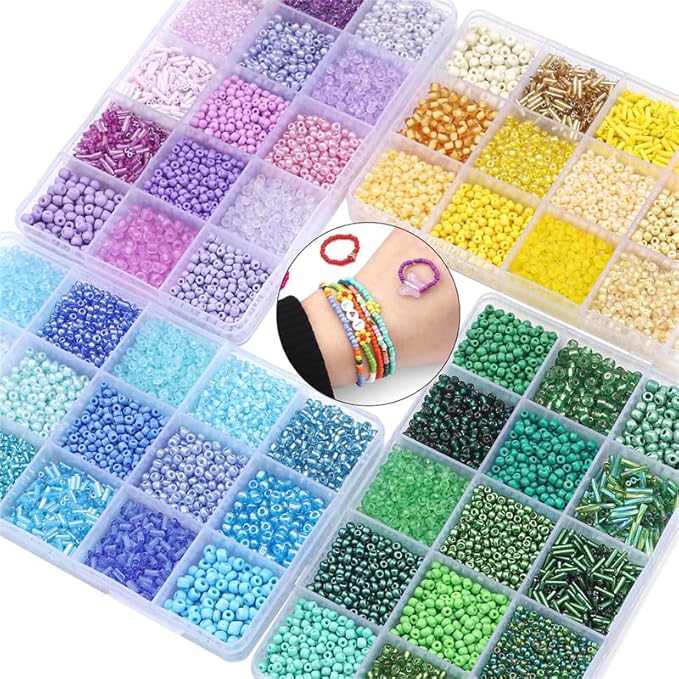 15 Color 4mm Small Assorted Glass Seed Beads,3mm Bugle Beads Friendship Bracelet Kit,2mm Tiny Tube Bead for Jewelry Making(Green)