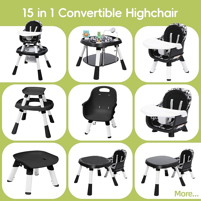 15 in 1 Convertiable High Chair for Babies and Toddlers, 2 in 1 Highchair & Activity Center w/Toys, Booster Seat, Toddler Chair w/5-Point Harness & Removable Tray & 2-Layer Cusion (Black)