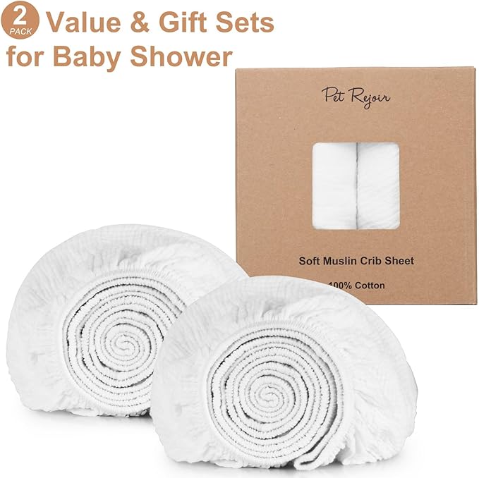 2 Pack Muslin Fitted Crib Sheets for Baby Girls & Boys-Neutral Breathable Crib Mattress Protector for Standard Crib Mattress (28"x 52") -White Crib Sheets No Slip Toddler Cotton Bedding