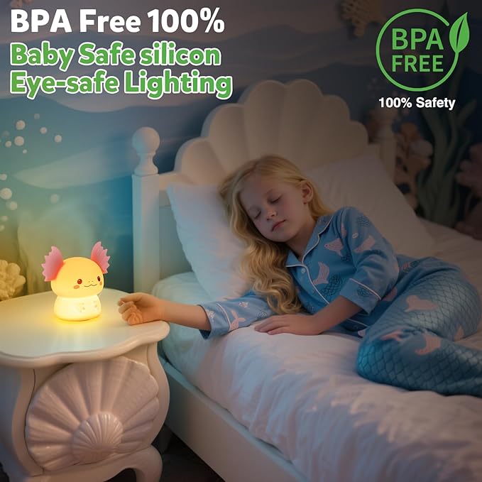 Axolotl Night Light for Kids, Rechargeable Bedroom Bedside Lamp, Night Lamp for Kids Room, Dimmable Nursery Night Light,Girls Boys Room Decor 3 Level Brightness,Animal NightLight for Baby and Toddler
