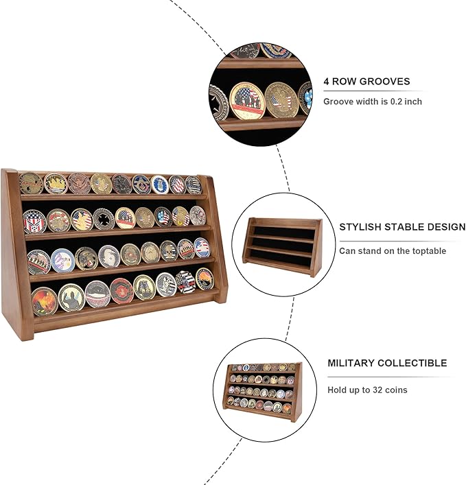4 Rows Military Challenge Coin Holder Display Holds 32 Coins, Solid Wood Army Coin Rack Display Case Stand for Wall Mount or Tabletop, Walnut