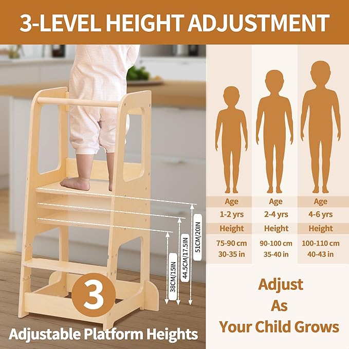Toddler Kitchen Helper Tower for Ages 1–6 – 3-Level Adjustable Learning Tower with Safety Design, Toddler Standing Tower & Kitchen Helper Stool, CPC Certified, Natural