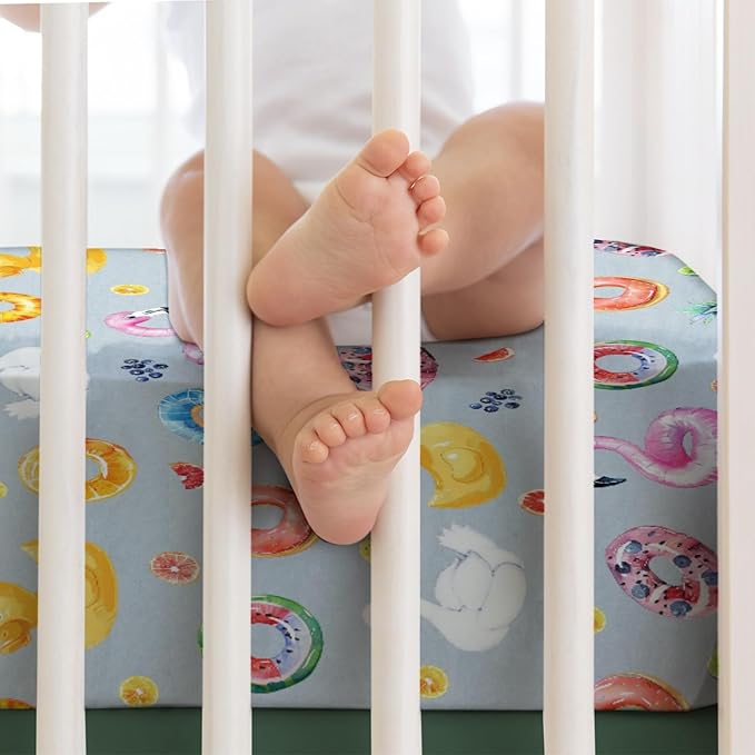 Summer Pool Floats Baby Crib Sheet 52''x28'' Tropical Flamingo Duck Watermelon Pineapple Stretchy Fitted Crib Mattress Cover for Boy Girl Soft Baby Bed Sheet for Standard Crib and Toddler Mattress