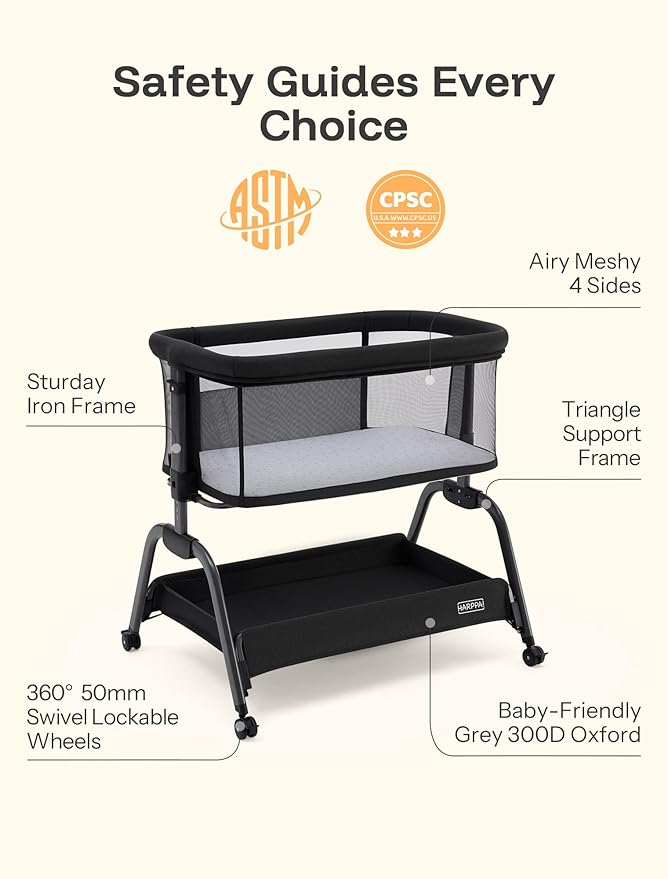 HARPPA Cuddly Bassinet, 2 in 1 Baby Bassinet with Breathable Mesh and Mattress, 6 Height Adjustable, Bedside Sleeper with Anchor Strap, Storage Basket and Wheels