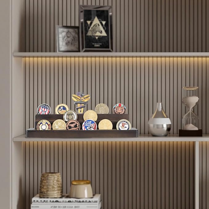 Military Challenge Coins Display Holder Solid Wood,Small Challenge Coin Stand Holds 15-18 Coins,4 Row Army Coin Display Rack for Desk,Challenge Coin Display Case (Coins Not Included)