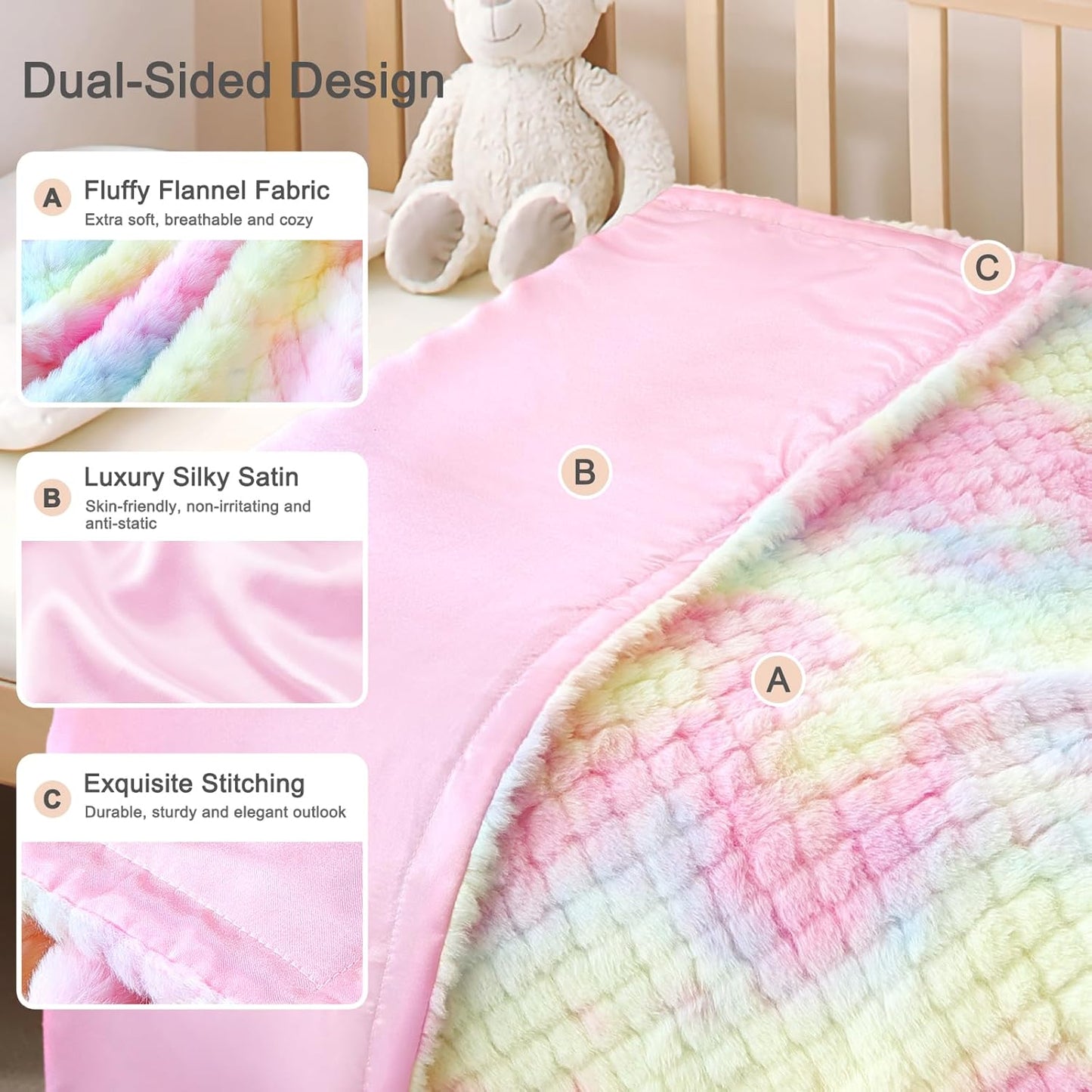 Baby Blanket for Girls Tie Dye Rainbow Fleece Fluffy Fuzzy Blanket with Soft Luxury Silk Silky Backing for Toddler Nursery Travel Home Decor 30 x 40 Inch