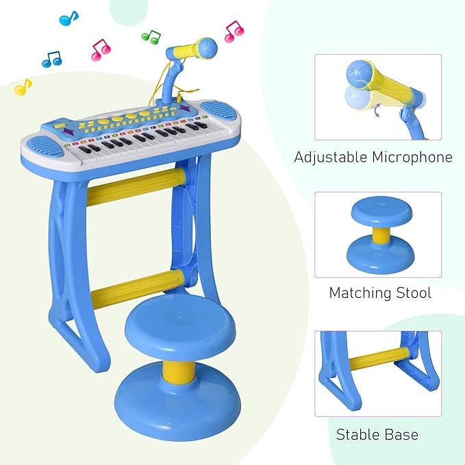 Qaba 31-Key Kids Toy Keyboard Piano, Electronic Musical Instrument with Multiple Sounds, Stool, Microphone and Bright Flashing Lights, Blue