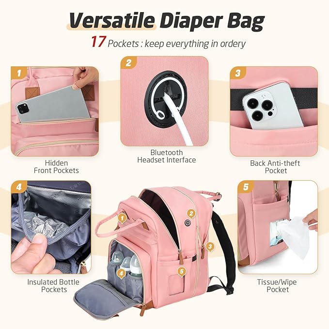 Diaper Bag Backpack - Extra Large Diaper Bag for 2 Kids Twin, Travel Baby Bags for Mom Dad 25-37L Expandable with Changing Pad Earphone Hole, Solid Pink