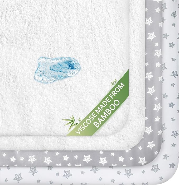 Crib Sheets & Waterproof Crib Mattress Protector for Boys 4 Pack Set, Viscose, Waterproof Crib Sheets Mattress Pad Cover, Grey & White