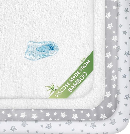 Crib Sheets & Waterproof Crib Mattress Protector for Boys 4 Pack Set, Viscose, Waterproof Crib Sheets Mattress Pad Cover, Grey & White