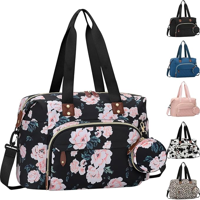 Diaper Bag Tote, Baby Bag Travel Diaper Tote Bag with Pacifier Case, Cute Maternity Hospital Baby Stylish Diaper Tote for Mom Dad Medium Size, Black Pink Floral