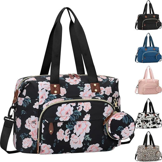 Diaper Bag Tote, Baby Bag Travel Diaper Tote Bag with Pacifier Case, Cute Maternity Hospital Baby Stylish Diaper Tote for Mom Dad Medium Size, Black Pink Floral