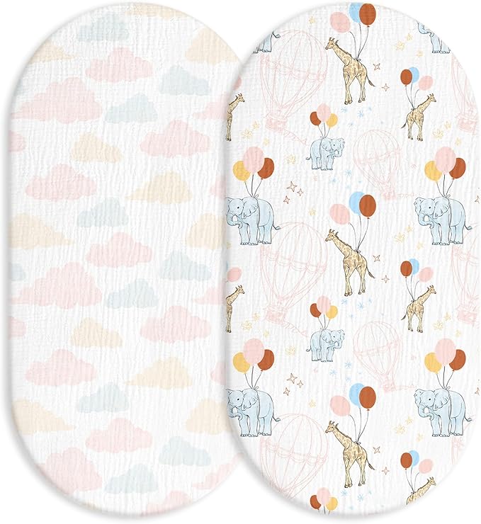 Muslin Bassinet Fitted Sheets, 2 Pack for Baby Boy and Girl, Soft Breathable Baby Pad/Mattress Sheet, Fit for Hourglass Oval and Rectangle Bassinet Mattress (Cute Animals)