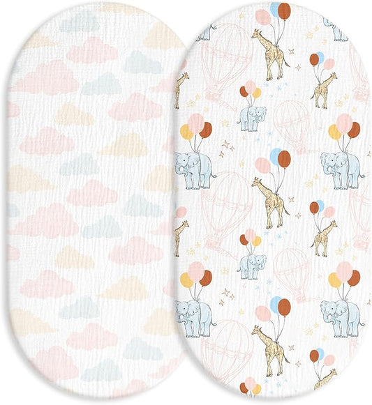 Muslin Bassinet Fitted Sheets, 2 Pack for Baby Boy and Girl, Soft Breathable Baby Pad/Mattress Sheet, Fit for Hourglass Oval and Rectangle Bassinet Mattress (Cute Animals)