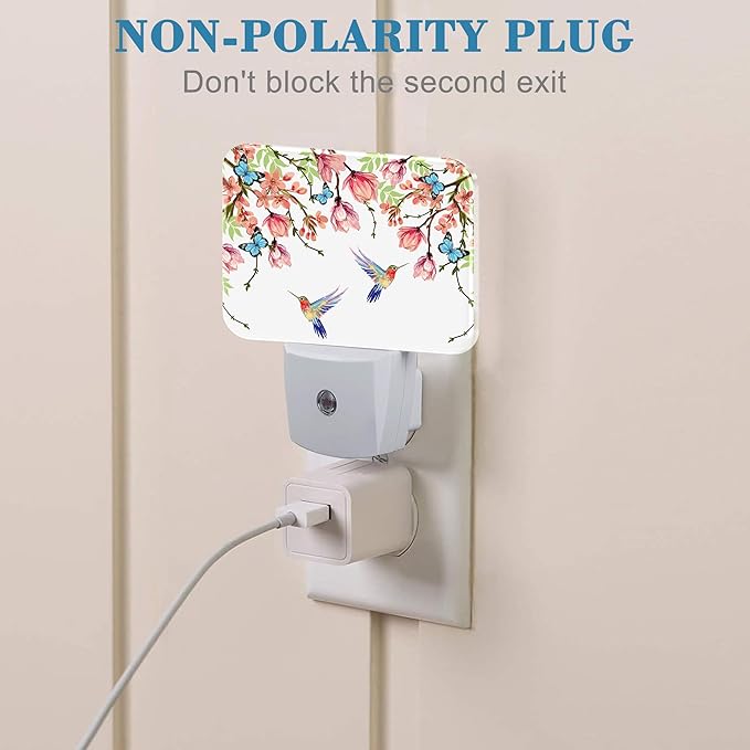 Hummingbird and Blue Butterfly Plug in Night Lights, Wisteria Flowers Nightlight Plug Into Wall Dusk to Dawn Sensor for Kid Girls Boys Women Bedroom,Hallway,Kitchen,Bathroom,Stairs Decor