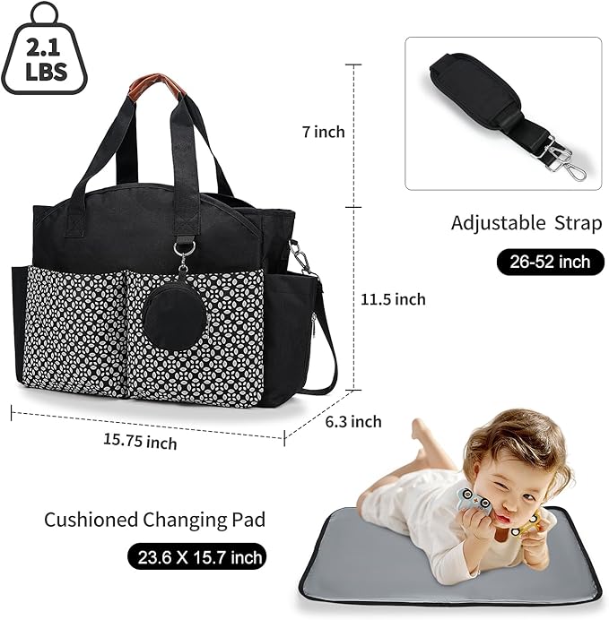 Diaper Bag Tote, Large Capacity Travel Diaper Baby Bags Crossbody Hospital Mom Bag，with Silicone Pacifier Case