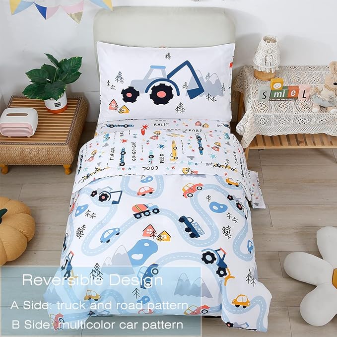 PERFEMET Comforter Set for Twin Bed Reversible Cars Pattern Bedding Set Soft Microfiber Bed in a Bag for Kids Boys Teens All Season Use(White, Twin)