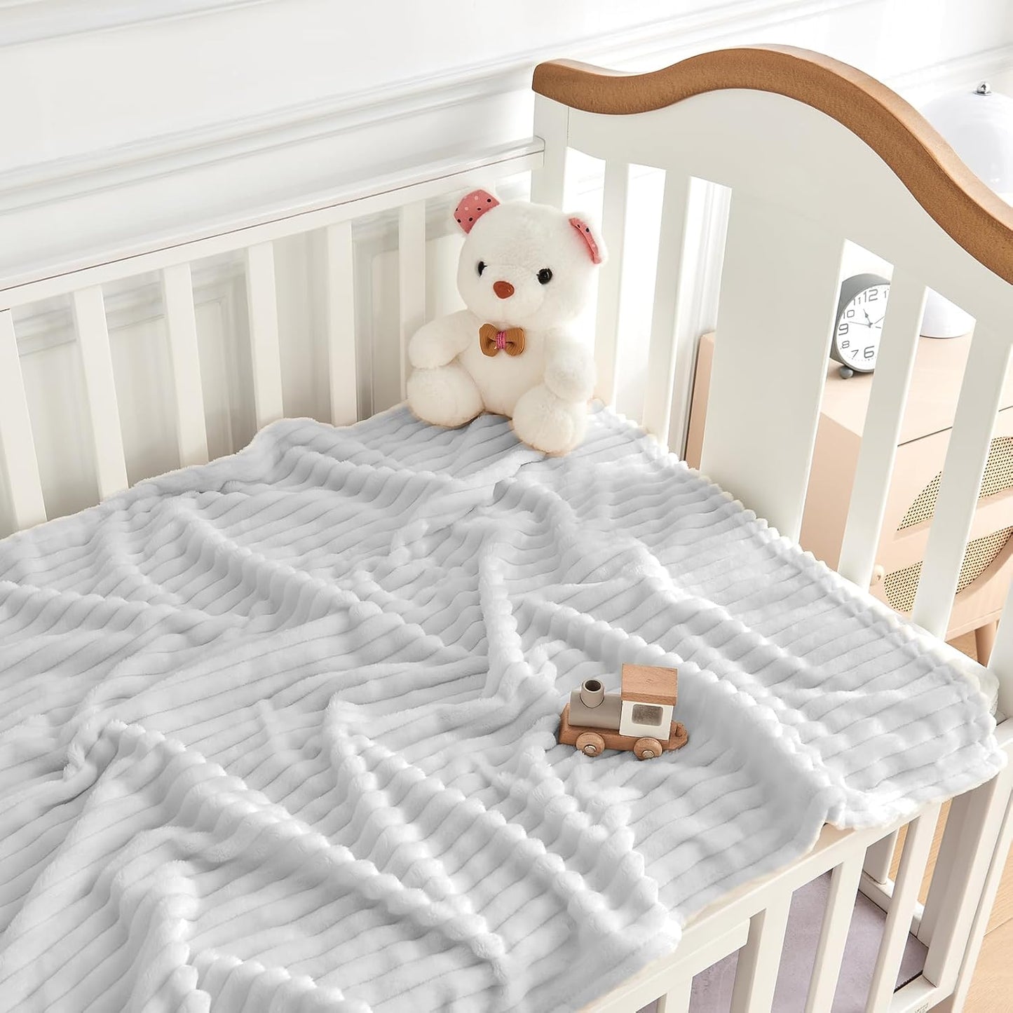 Soft Fleece Baby Blanket Ultra Cozy Grey Baby Blankets for Boys Warm and Lightweight Infant Toddler Newborn Receiving Gift with Reversible Stripes for Crib Stroller, 30x40 Inch, Light Grey