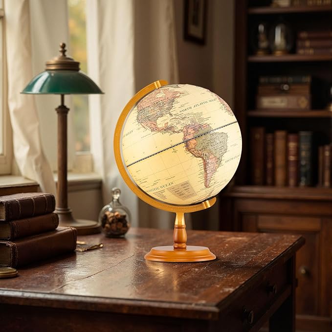 12" Illuminated World Globe, Desktop Globe with Raised Relief, LED Lights, Time Zone & Non-Slip Wooden Base, Geographic Terrain Globes for Decoration (Bronze)