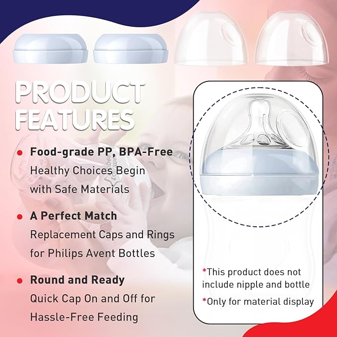 Baby Bottle Caps Replacements - Dome Caps Collar Accessories for Philips Avent Bottles, Nipple Rings for Philips Avent Natural Bottles - 2-Pack Baby Bottle Rings and Caps Kit