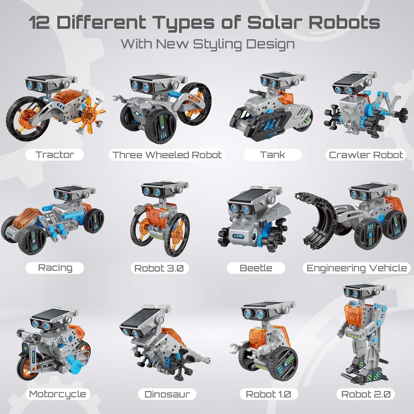 12-in-1 Solar Robot Kit for Kids 8-12, STEM Educational Building Toys with Solar Panel & Battery Power, DIY Science Experiment, Easter Birthday Gifts for Boys Girls 8 9 10 11 12 Years Old-Grey