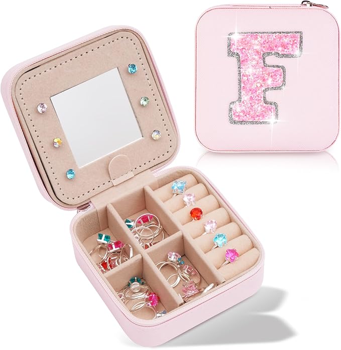 Personalized Jewelry Case for Women Girls - Fashion Mini Jewelry Boxes - Trendy Travel Jewelry Organizer with Initials Letter - Teen Gifts | Pink,F