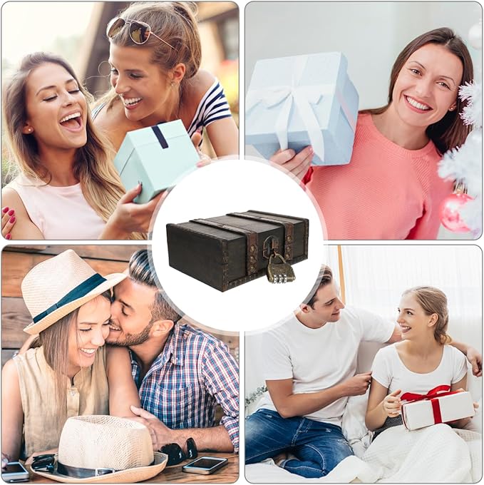 Veemoon Wooden Treasure Chest Box with Lock, Retro Pirate Jewelry Box Antique Cosmetic Storage Case Portable Chest with Hinged Lid Lock for Jewelry Cosmetic Photography Party Decoration (6 * 4.6")