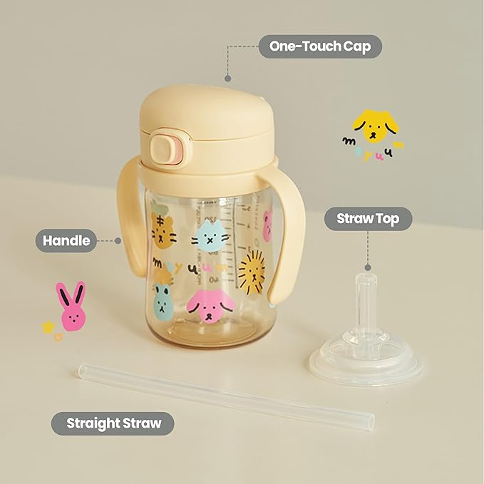 MOYUUM Leak Proof Sippy Cup with Handle | Made in Korea, 100% BPA Free PPSU, Magic No Spill Straw Cup with Attached Flip Top Lid, Easy to Hold for Babies and Toddlers, 9oz Yellow