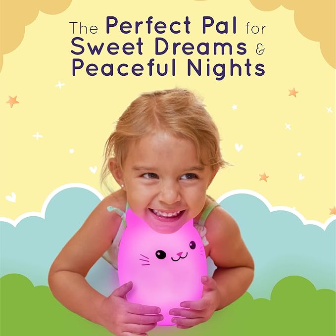 Lumipets Clive The Cat Squishy Silicone Night Light for Kids | Cute Night Light with Remote & Touch Control for Baby & Toddler Bedrooms | Color Changing Portable Animal Nightlight | Kids Mood Lamp