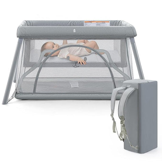 Travel Crib,Portable Crib for Baby, Pack and Play for Babies and Toddler, Lightweight Backpack Design,Foldable Travel Baby Playpen with Mattress(Light Grey)