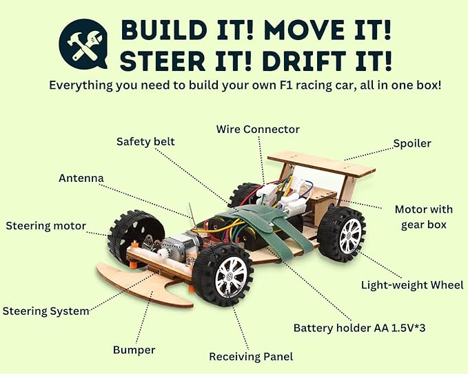 Wireless Remote Control Wooden Racing Car F1 - Upgraded Competition Edition (Three Colors for Racing 3-Pack), Science Experiment R/C Car Kit for Kids, STEM Project Model Car Kit to Build