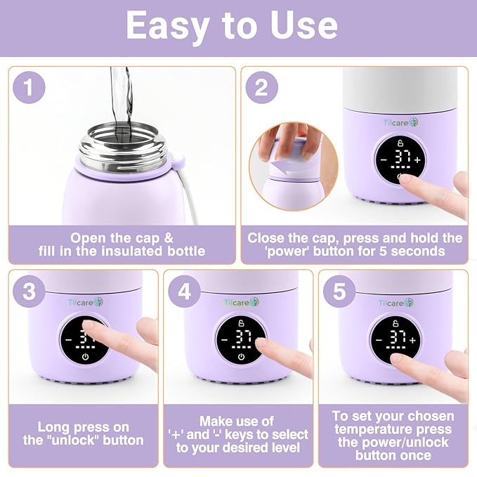 Portable Bottle Warmer for Travel - 17oz 12H Baby Bottle Milk Warmer, Fast Heat Travel Bottle Warmer for Breastmilk, USB Calentador De Biberones on The Go - Wireless Car Bottle Water Warmer Lavender