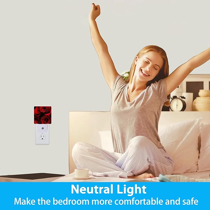 Rose Night Lights Plug into Wall Abstract Red Rose and Black Leaves Night Lights Dusk to Dawn Sensor Led Lamp for Women Men,Led Lights for Stairway/Hallway/Bedroom,0.5W