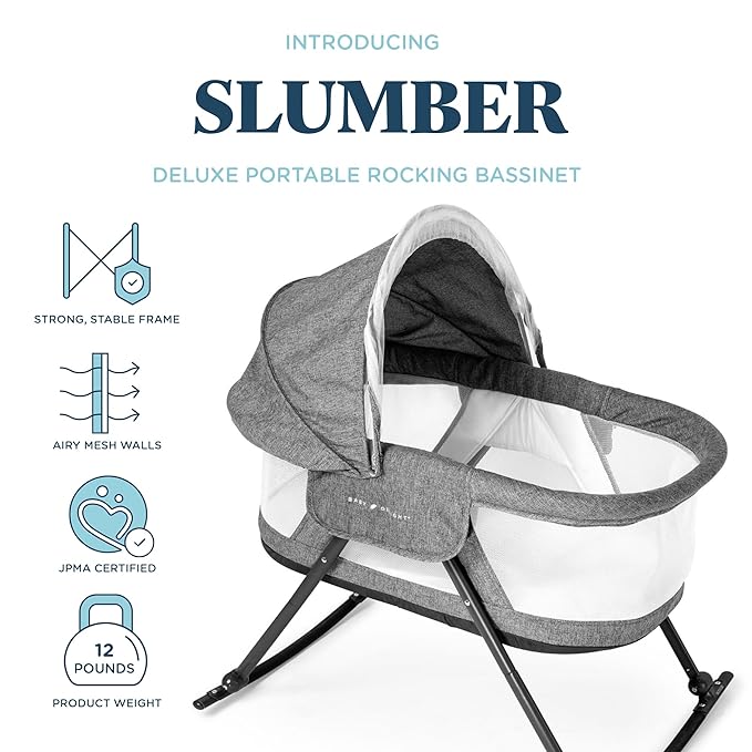 Baby Delight Slumber Deluxe Rocking Bassinet, Portable Baby Bassinet, Removable Canopy, Charcoal Tweed