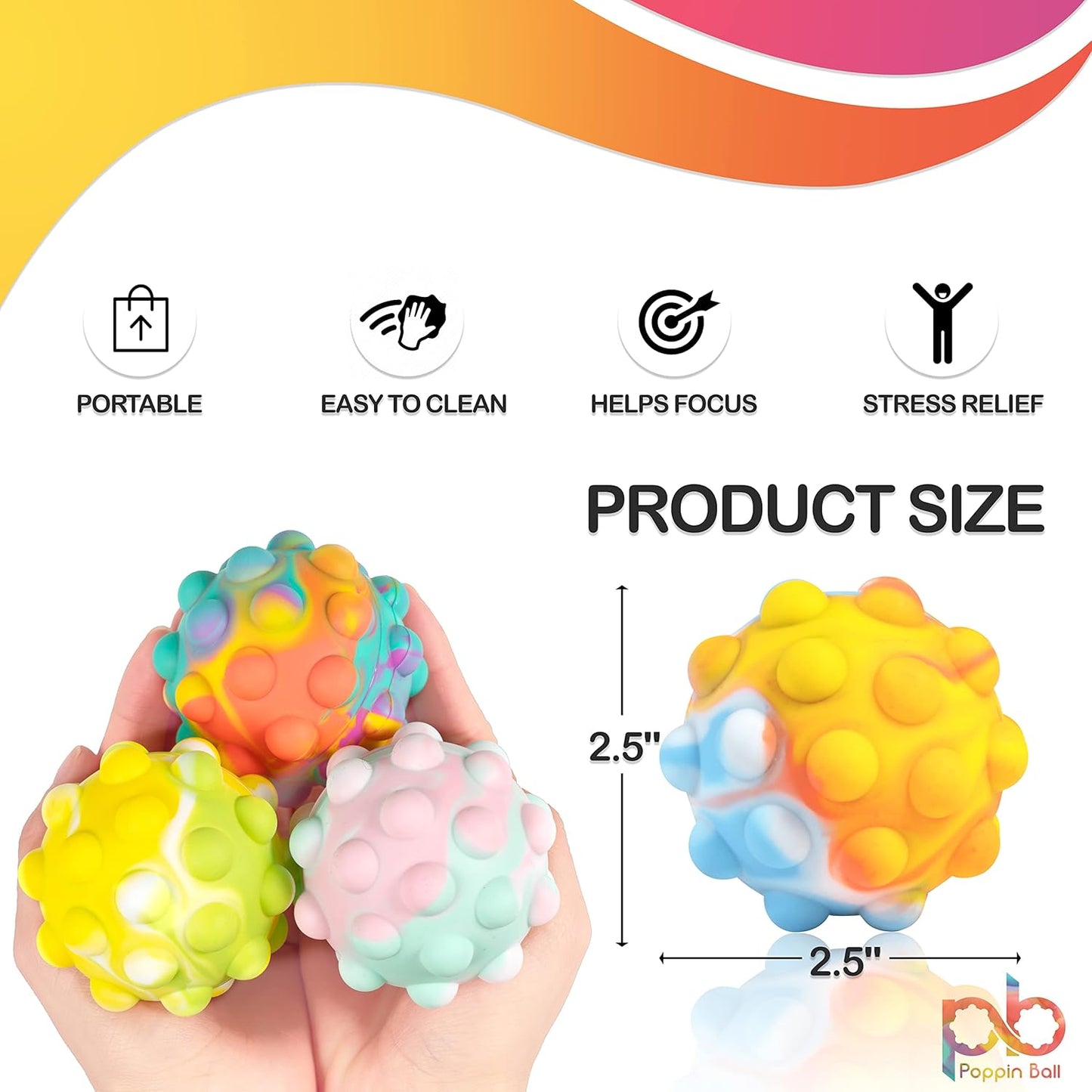 Poppin Ball Fidget Toy - Pop Push It Stress Balls - 3D Bubble Toy - Squeeze to Pop Out (4 Pack)