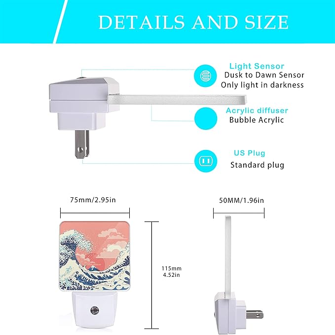 Waves Night Light,Great Waves Plug into Wall Night Lights 0.5W Sleep Friendly for Boys Girls Led Night Light Dusk to Dawn Sensor Nightlight for Stairway/Hallway/Kitchen