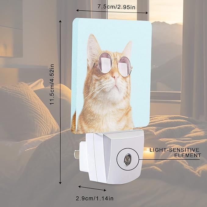 Glasses Cat Night Light Plug-in LED Nightlights Auto Sensor Night Lamp Dusk-to-Dawn Lamp Home Decor for Nursery Children Girls Boys