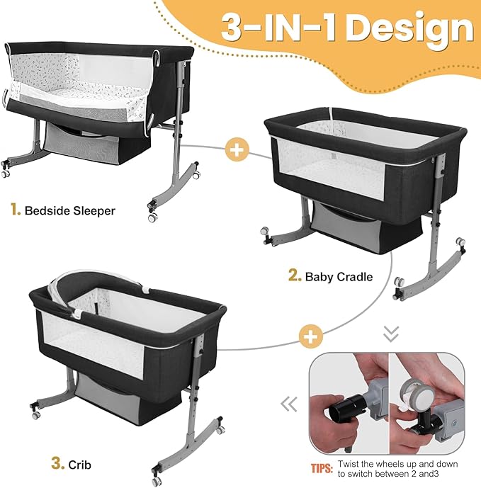 3-in-1 Baby Bassinet Bedside with Storage Basket, Portable Baby Cradle Bassinet with Wheels, Mosquito Net, 6 Levels Height Adjustable (Black)